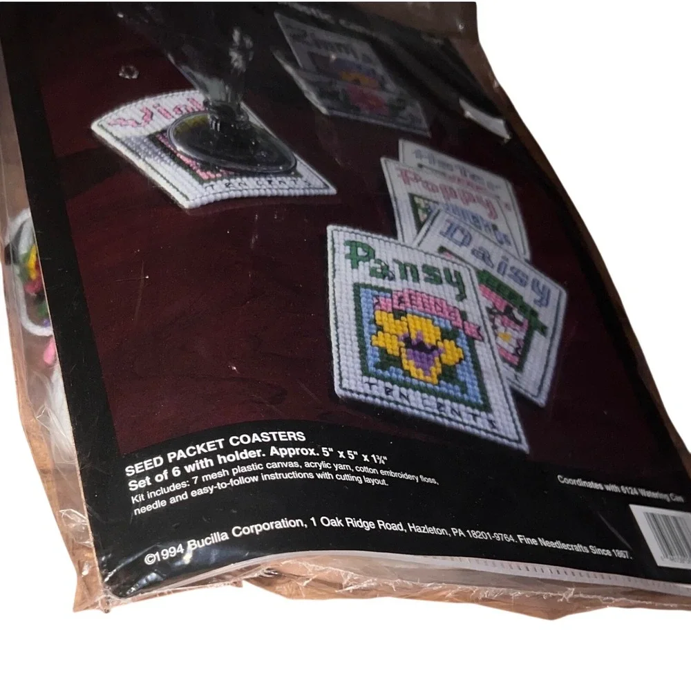 Vintage Bucilla 1994 Needlepoint Cross Stitch Seed Packet Coasters Kit Plastic
